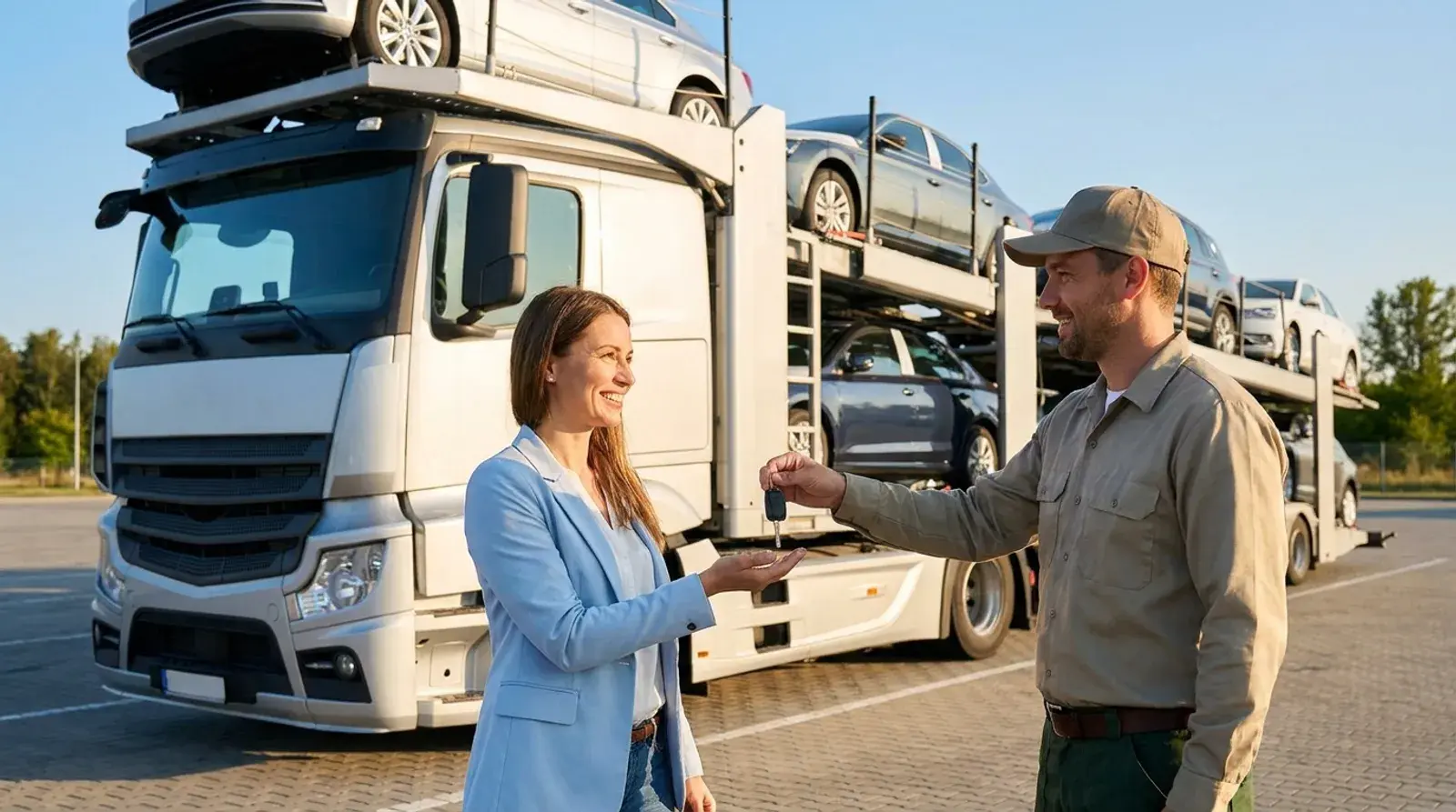 A car shipping driver hands over keys to a happy customer