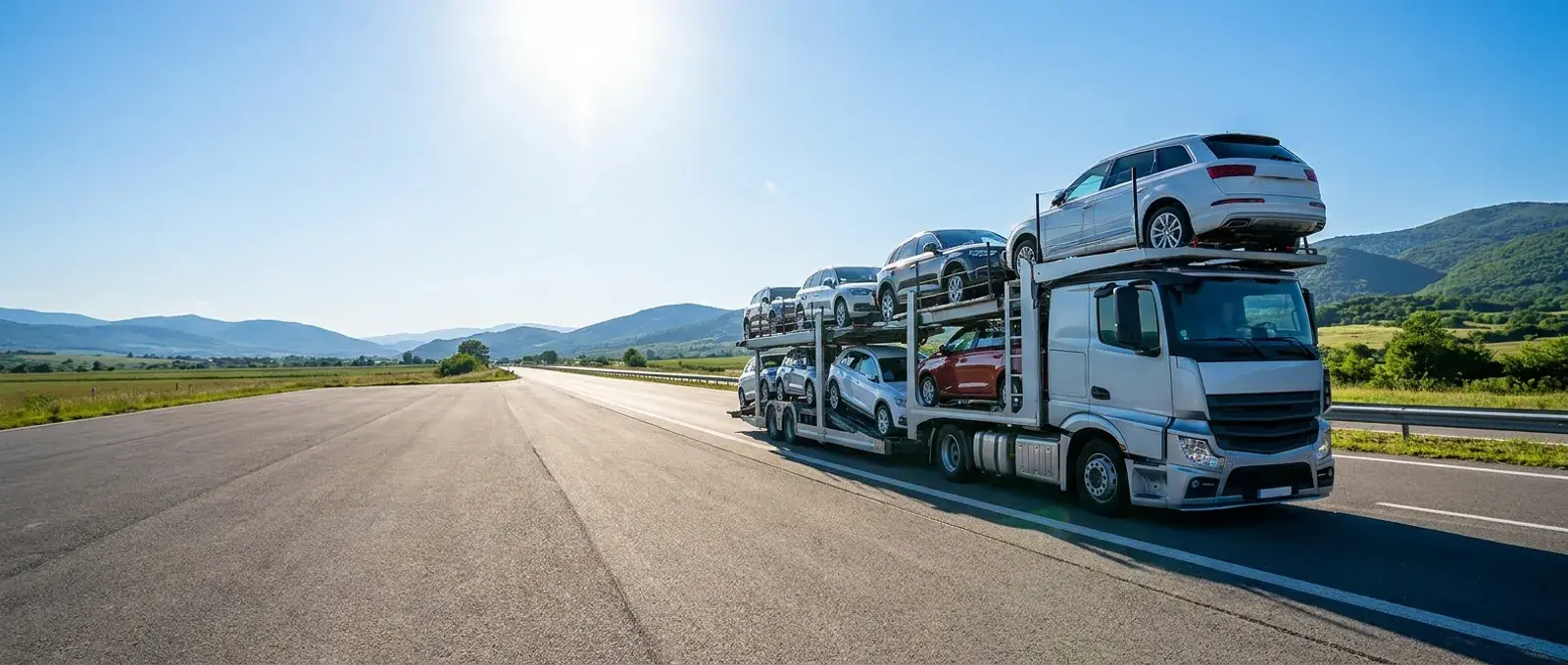 A car carrier transporting vehicles on a highway