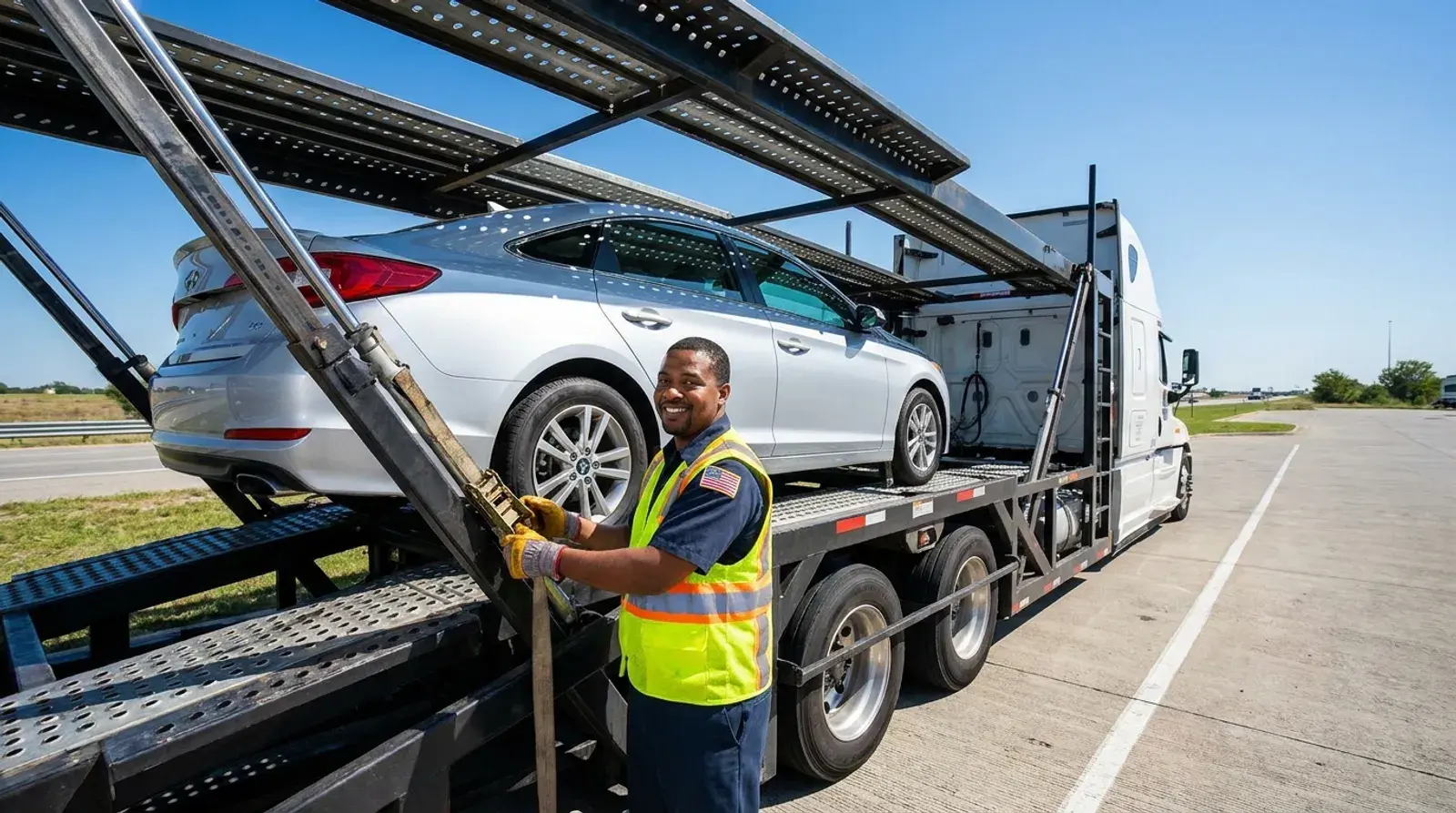 An auto-transport driver securing a car onto a transport trailer