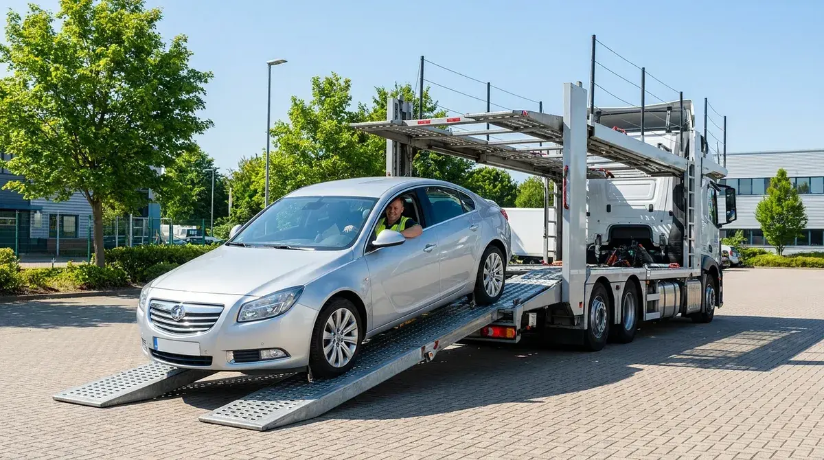 A vehicle being loaded onto an auto-transport carrier