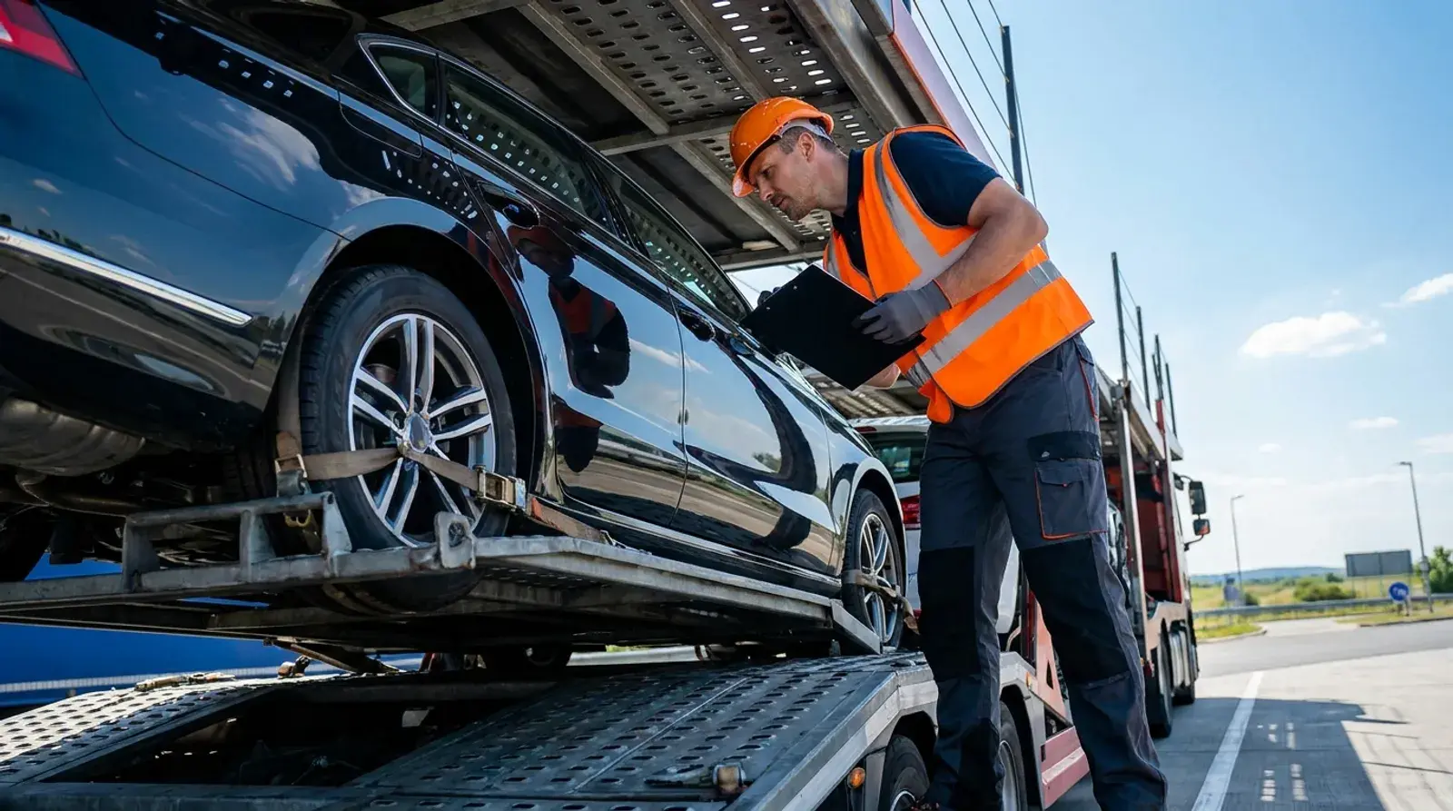 A uniformed auto-transport professional verifying a vehicle on a trailer